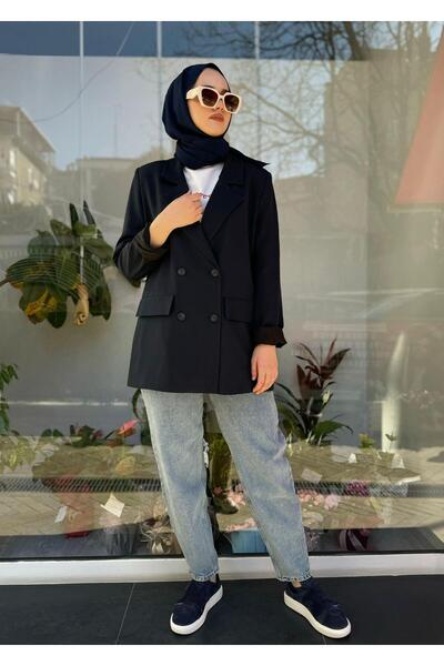 QOOQ STORE Düğme Detay Blazer Kadın Ceket Lacivert