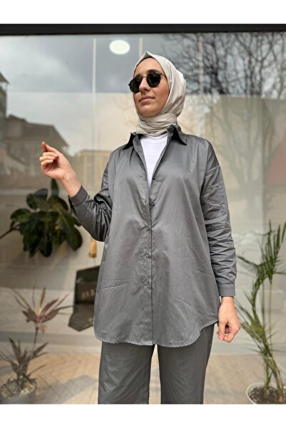 QOOQ STORE Σετ γυναικείο παντελόνι σε γκρι χρώμα Poplin