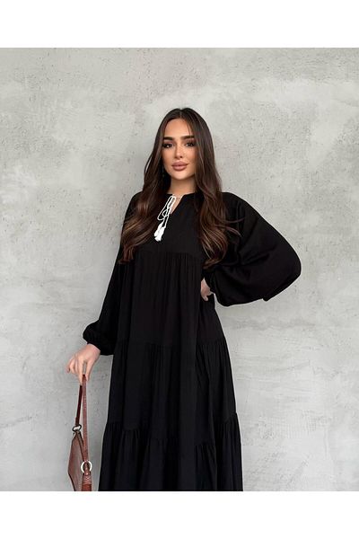 Att Attstil Summer Black Layered Casual Dress with Lace-Up Detail on the Front