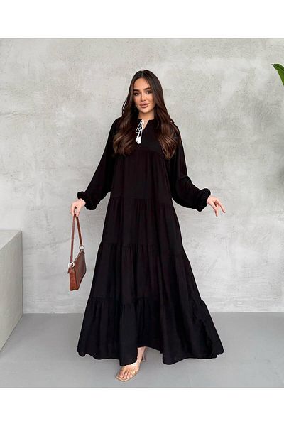 Att Attstil Summer Black Layered Casual Dress with Lace-Up Detail on the Front
