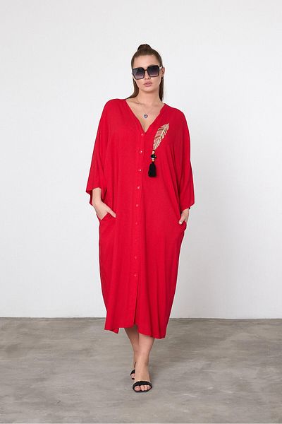 bacc Maxi Size Red Embroidery Embroidered Woven Viscon Dress Bcvl-25V039