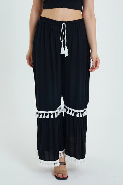 bacc Ženske maksi dužine crne hlače sa elastičnim strukom i detaljnim resicam...