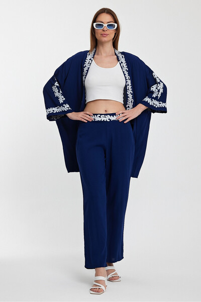 bacc Navy Blue Embroidery Girdle Kimono Pants Suit Large Size Spirit Fit