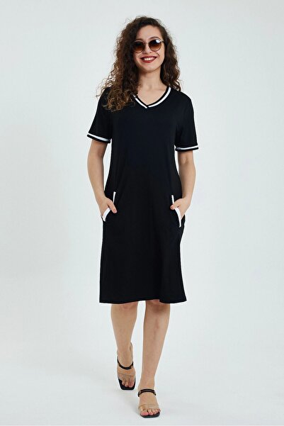 bacc Black V-Neck Double Pocket Stripe Detailed Women's Dress - Bcvl-248232