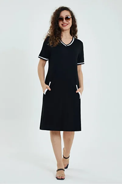 bacc Black V-Neck Double Pocket Stripe Detailed Women's Dress - Bcvl-248232