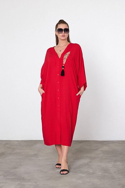 bacc Maxi Size Red Embroidery Embroidered Woven Viscon Dress Bcvl-25V039