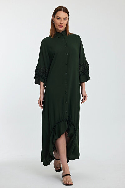 bacc Women's Maxi Length Khaki Guipure Detailed Woven Viscon Dress Bcvl-25S50