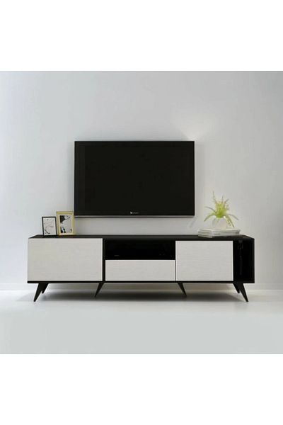 Generic Rectangular TV Table with Fixed Base, 179 cm, Shelves and Drawers, Made of Malaysian Wood, Black and