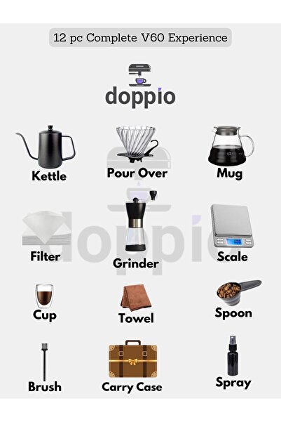 DOPPİO DOPPIO 12 Pcs V60 Premium Pour Over Manual Coffee Maker with Manual Grinder Dripper Set