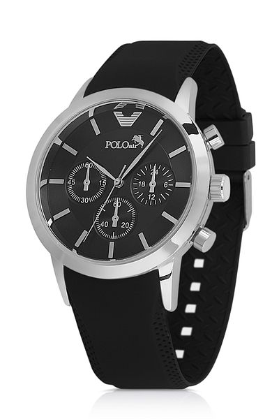 Polo Air ساعة يد رجالية بسوار مطاطي وهيكل معدني لون أسود وفضي PL-0984E4x
