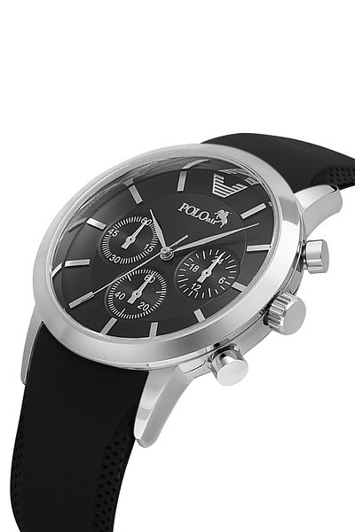 Polo Air ساعة يد رجالية بسوار مطاطي وهيكل معدني لون أسود وفضي PL-0984E4x