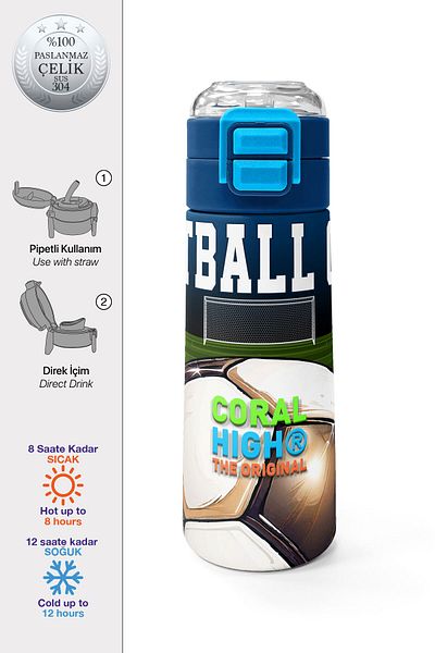 Coral High Kids Navy Blue Football Patterned Steel Thermos with Straw and Direct Drinking 500 ml 31995