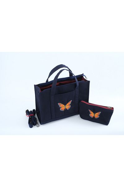 Wings Of Simurg Butikmutik-SET din pânză ceară albastru bleumarin brodat cu fluturi de dimensiuni mari (geantă și portofel)