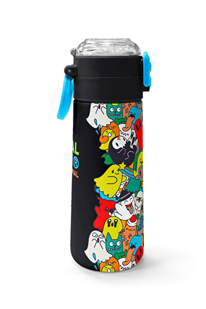 Coral High Kids Navy Blue Colored Striped Patterned Straw and Direct Drinking Steel Thermos 500 ml 31990