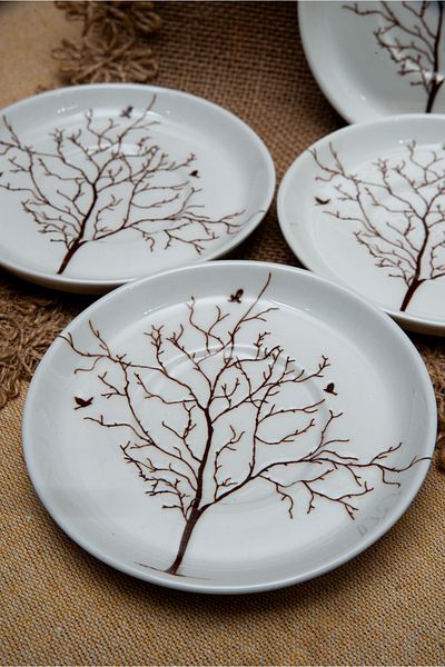 Heda Porselen Tree of Life 6 Pieces 12 cm Porcelain Tea Plate - Off White