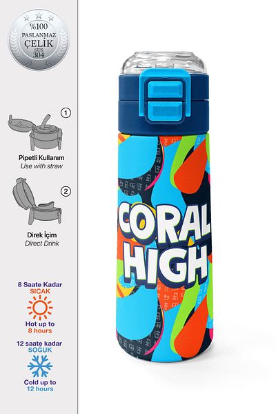 Coral High Kids Graffiti Patterned Steel Thermos with Straw and Direct Drinking 500 ml 31993