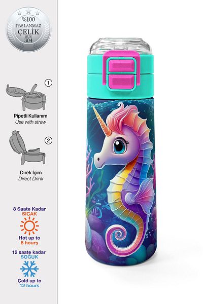 Coral High Kids Seahorse Patterned Steel Thermos with Straw and Direct Drinking 500 ml 31988