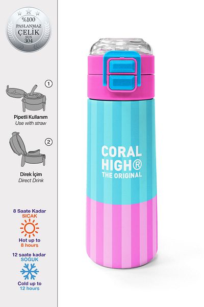 Coral High Kids Colorful Striped Patterned Straw and Direct Drinking Steel Thermos 500 ml 31987