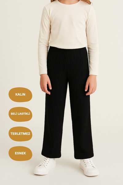 COMEOR Pantaloni de trening negri pentru fete cu talie elastică - țesătură gr...