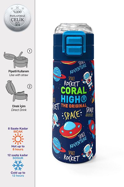 Coral High Kids Navy Blue Space Patterned Steel Thermos with Straw and Direct Drinking 500 ml 31917