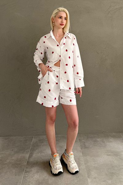 Madmext White Strawberry Pattern Women Shorts Shirt Suit Mg2406