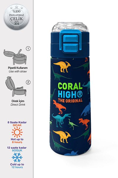 Coral High Kids Navy Blue Dinosaur Patterned Steel Thermos with Straw and Direct Drinking 500 ml 31907