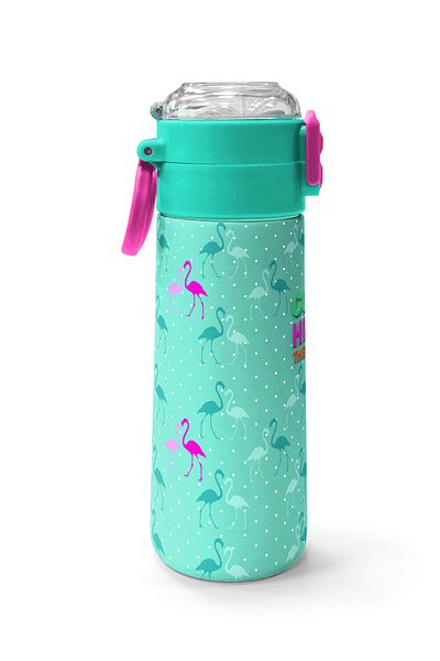 Coral High Kids Water Green Neon Pink Flamingo Patterned Steel Thermos with Straw and Direct Drinking 500 ml 31904