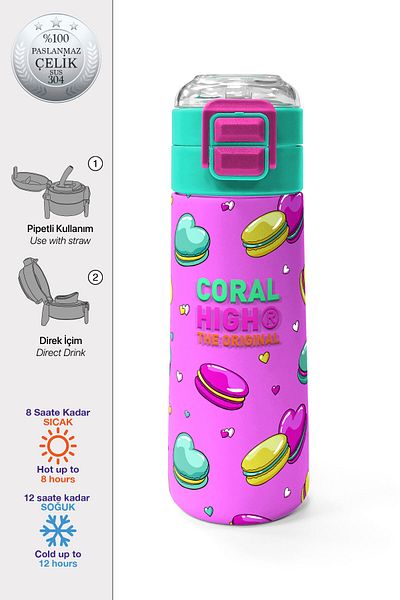 Coral High Kids Light Pink Water Green Macaron Patterned Steel Thermos with Straw and Direct Drinking 500 ml 31912