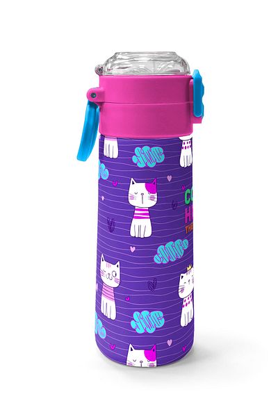 Coral High Kids Purple Pink Cat Patterned Steel Thermos with Straw and Direct Drinking 500 ml 31911