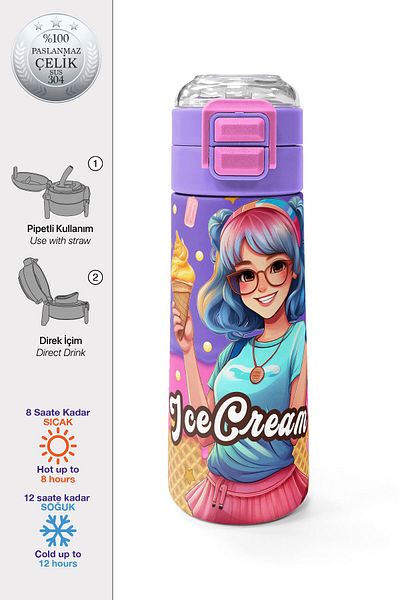 Coral High Kids Pink Turquoise K-Pop Patterned Steel Thermos with Straw and Direct Drinking 500 ml 31989