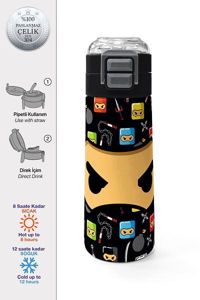 Coral High Kids Black Ninja Patterned Steel Thermos with Straw and Direct Drinking 500 ml 31919