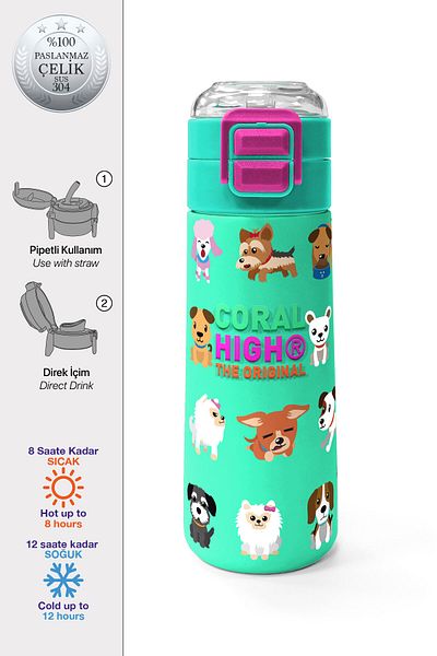 Coral High Kids Water Green Neon Pink Dog Patterned Steel Thermos with Straw and Direct Drinking 500 ml 31913