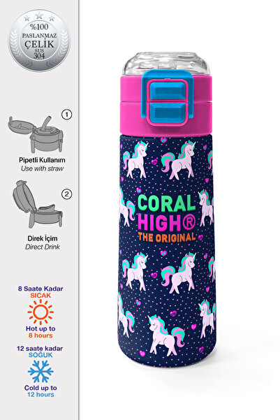 Coral High Kids Lacivert Pembe Unicorn Desenli Pipetli ve Direkt İçim Çelik T...