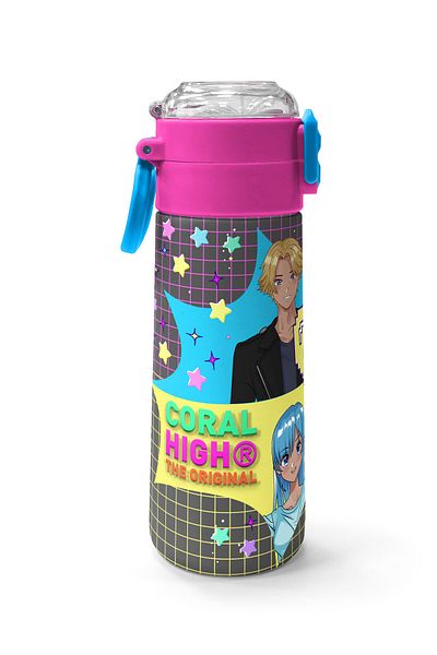 Coral High Kids Gray Blue Pink Anime Patterned Steel Thermos with Straw and Direct Drinking 500 ml 31943