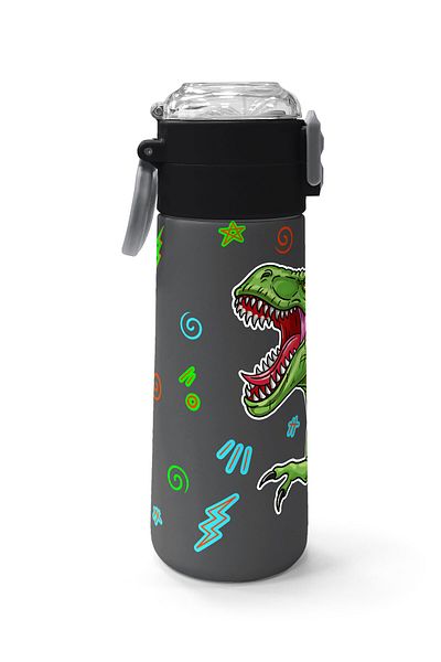 Coral High Kids Black Gray Dinosaur Patterned Steel Thermos with Straw and Direct Drinking 500 ml 31946