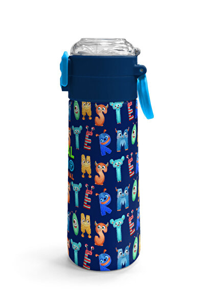 Coral High Kids Navy Blue Neon Yellow Patterned Steel Thermos with Straw and Direct Drinking 500 ml 31935