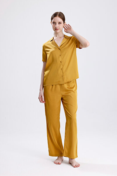 Laperissa Women's Short Sleeve Front Button Lycra Mustard Color Summer Pajama Set