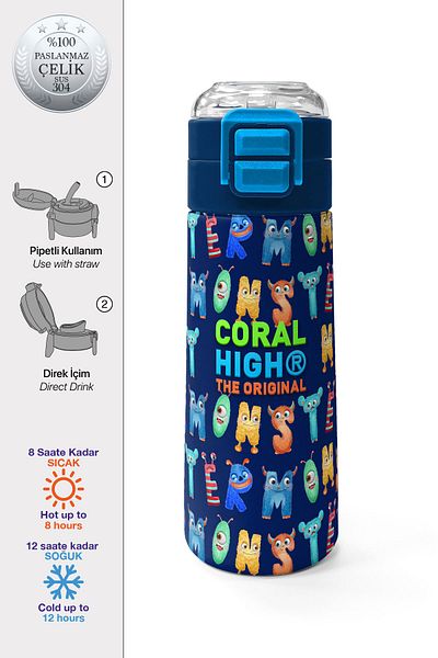 Coral High Kids Navy Blue Neon Yellow Patterned Steel Thermos with Straw and Direct Drinking 500 ml 31935