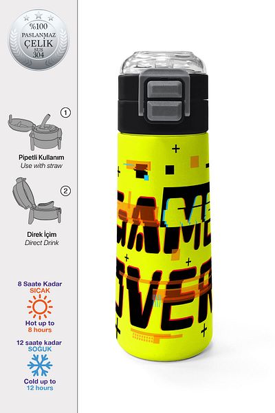 Coral High Black Neon Yellow Game over Patterned Steel Thermos with Straw and Direct Drinking 500 ml 31936