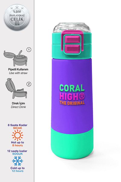 Coral High Kids Purple Color Detailed Patterned Straw and Direct Drinking Steel Thermos 500 ml 31941