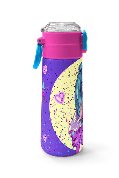 Coral High Kids Purple Pink Anime Girl Patterned Straw and Direct Drinking Steel Thermos 500 ml 31942