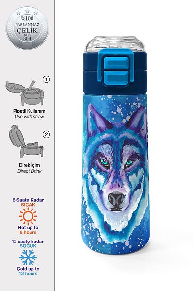 Coral High Kids Navy Blue Wolf Patterned Straw and Direct Drinking Steel Thermos 500 ml 31945