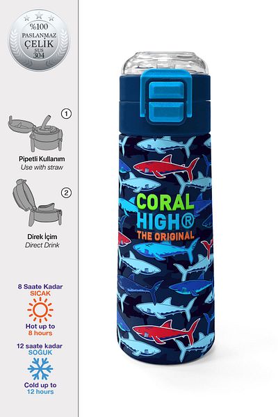 Coral High Kids Navy Blue Shark Patterned Steel Thermos with Straw and Direct Drinking 500 ml 31930