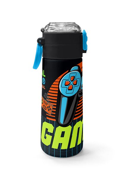 Coral High Kids Gray Orange Gamer Patterned Steel Thermos with Straw and Direct Drinking 500 ml 31947