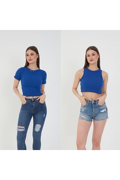 Wearflawless Μπλούζα 2 τεμαχίων με κοντό μανίκι και λουράκι σε μπλε χρώμα