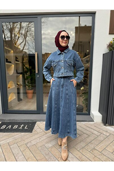 Babil Butik تنورة جينز مجزأة باللون الأزرق الداكن