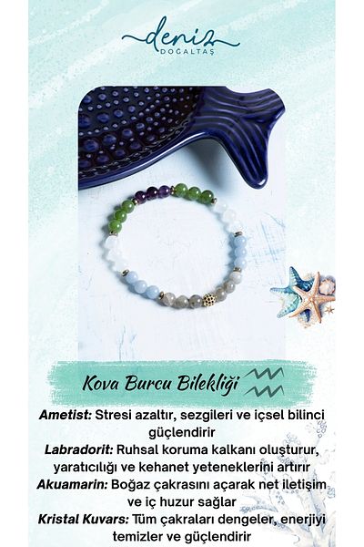 Deniz Doğal Taş Certified Amethyst, Labradorite, Aquamarine, Crystal Quartz and Jade Aquarius Bracelet