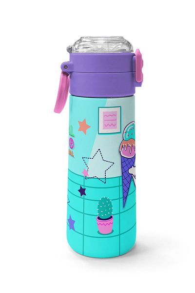 Coral High Kids Turquoise Pink Ice Cream Patterned Straw and Direct Drinking Steel Thermos 500 ml 31952