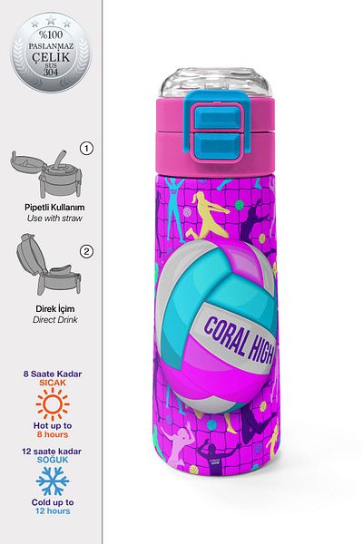 Coral High Kids Pink Purple Volleyball Patterned Straw and Direct Drinking Steel Thermos 500 ml 31962