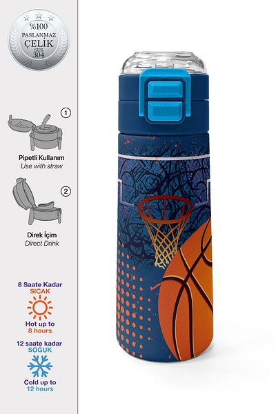 Coral High Kids Orange Navy Blue Basketball Patterned Straw and Direct Drinking Steel Thermos 500 ml 31967